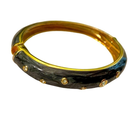 Vintage 1990’s charcoal gray enamel with crystals hinged gold-tone bracelet 6.5 - Picture 1 of 7